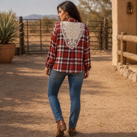 Linda Anderson Tops - Linda Anderson Crochet Back Plaid Womens Shirt Sz S Boho Western Indie Grunge